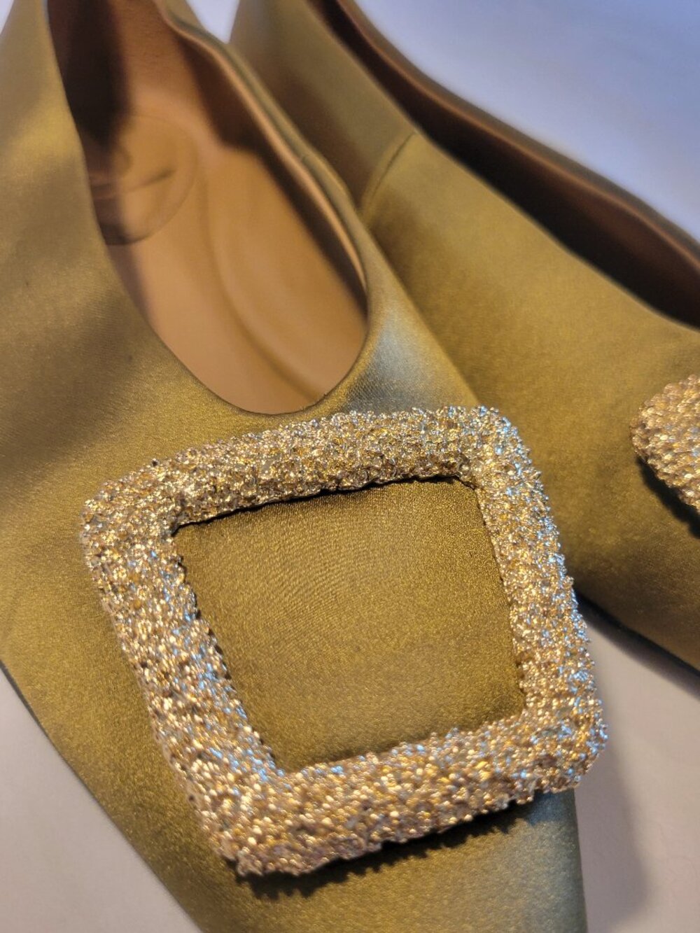 Sam Edelman Olive Satin Pointed Toe Flats Crystal Buckle Women's Size 7 - Picture 4 of 12